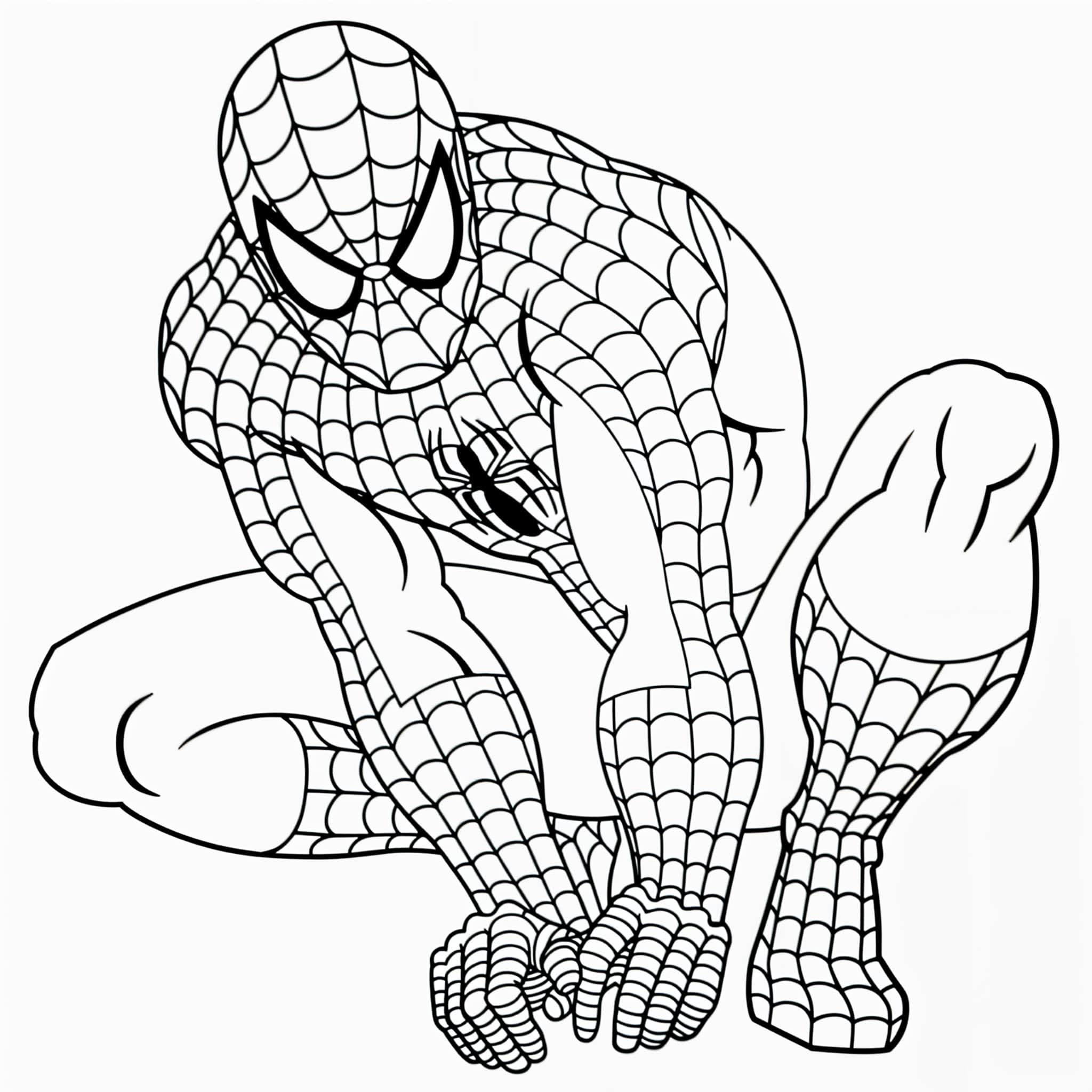 Dibujo para colorear del hombre araña agachado.