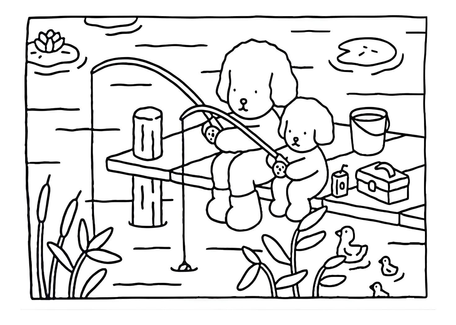 Dibujo de perros que pescan en el lago de productos de bobbie para colorear