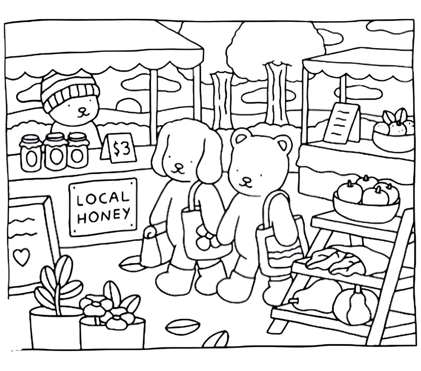 Dibujo del mercado con animales de bienes de bobbie para colorear