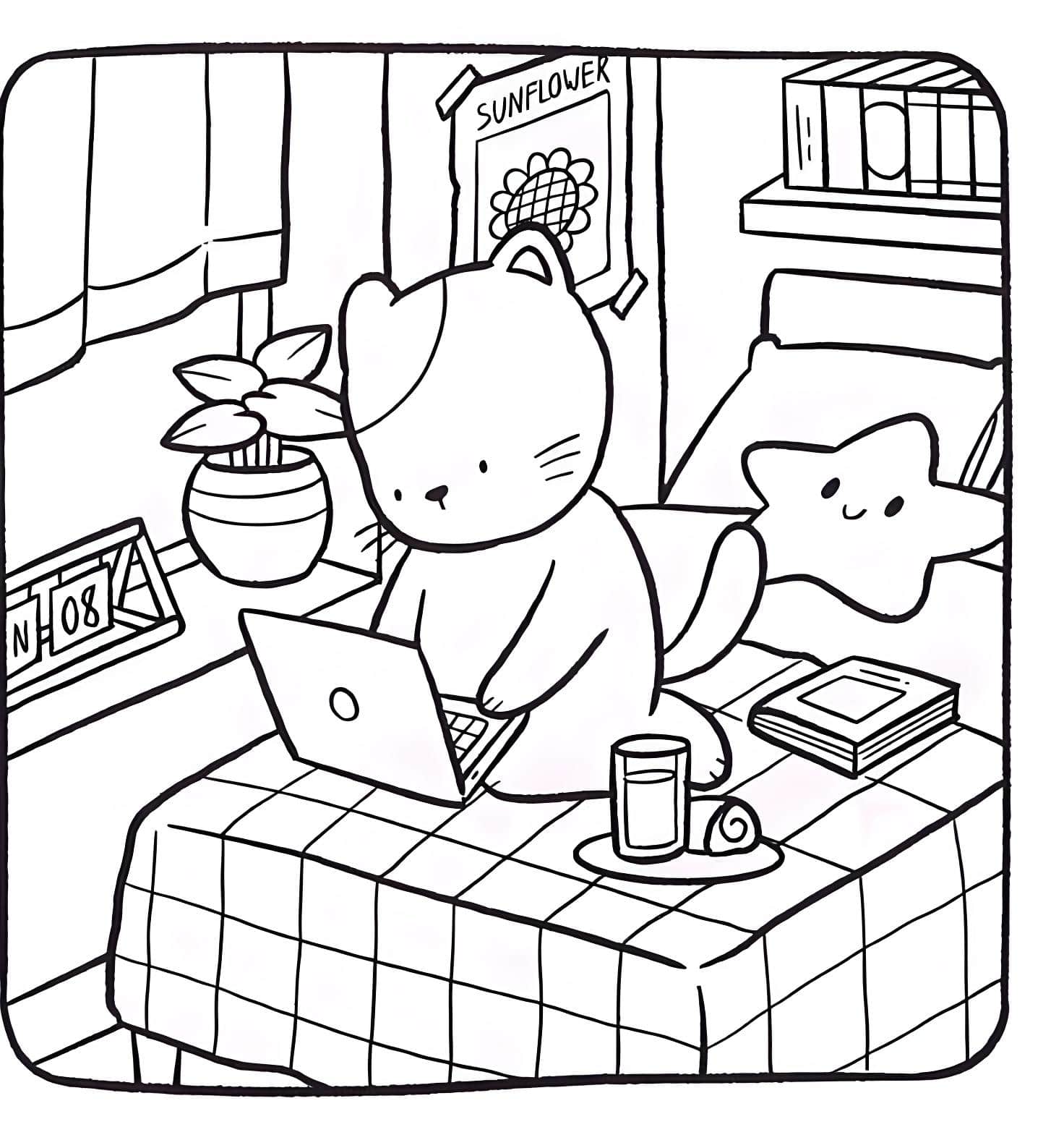 Imagen de gato que trabaja en el cuaderno en bobbie goods room para imprimir