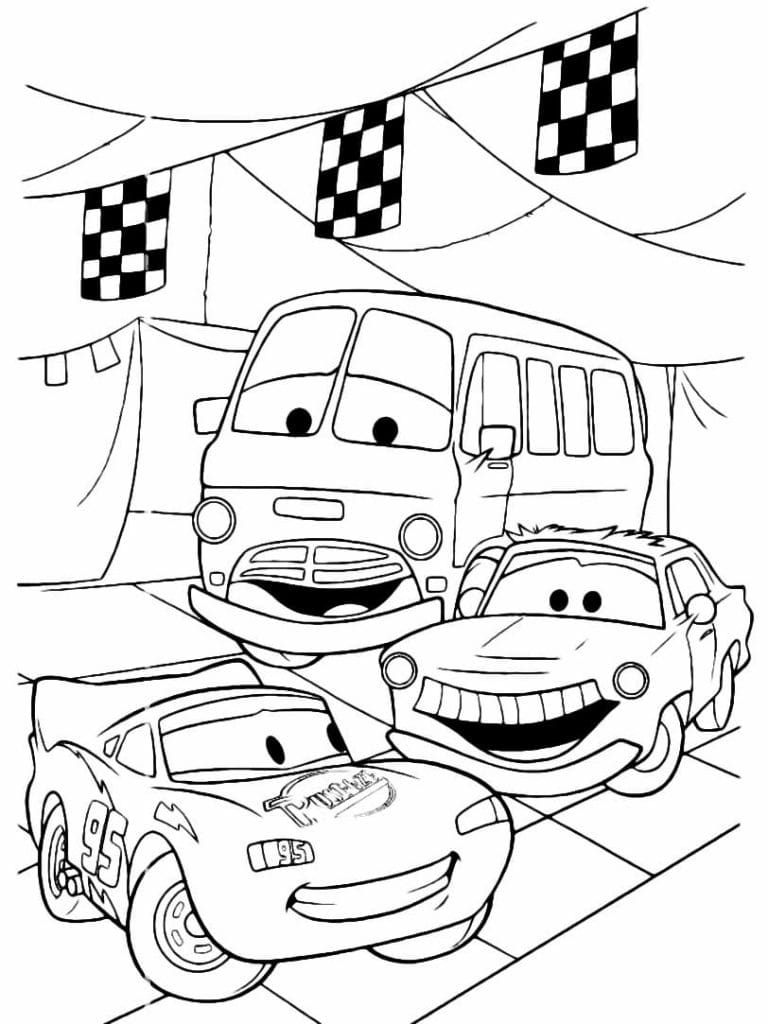 Dibujo De Rayo McQueen Chick Hicks Y Fillmore De Cars Para Colorear