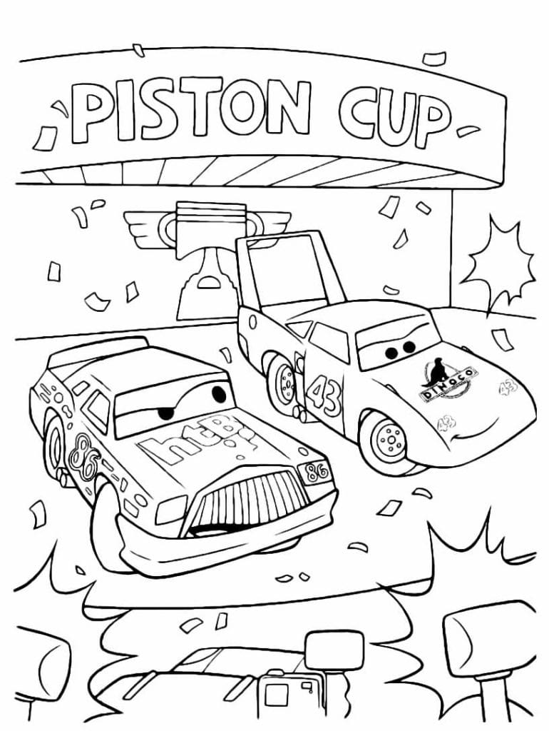 Dibujo De Strip Weathers Y Chick Hicks En La Copa Piston De La Película Cars Para Colorear