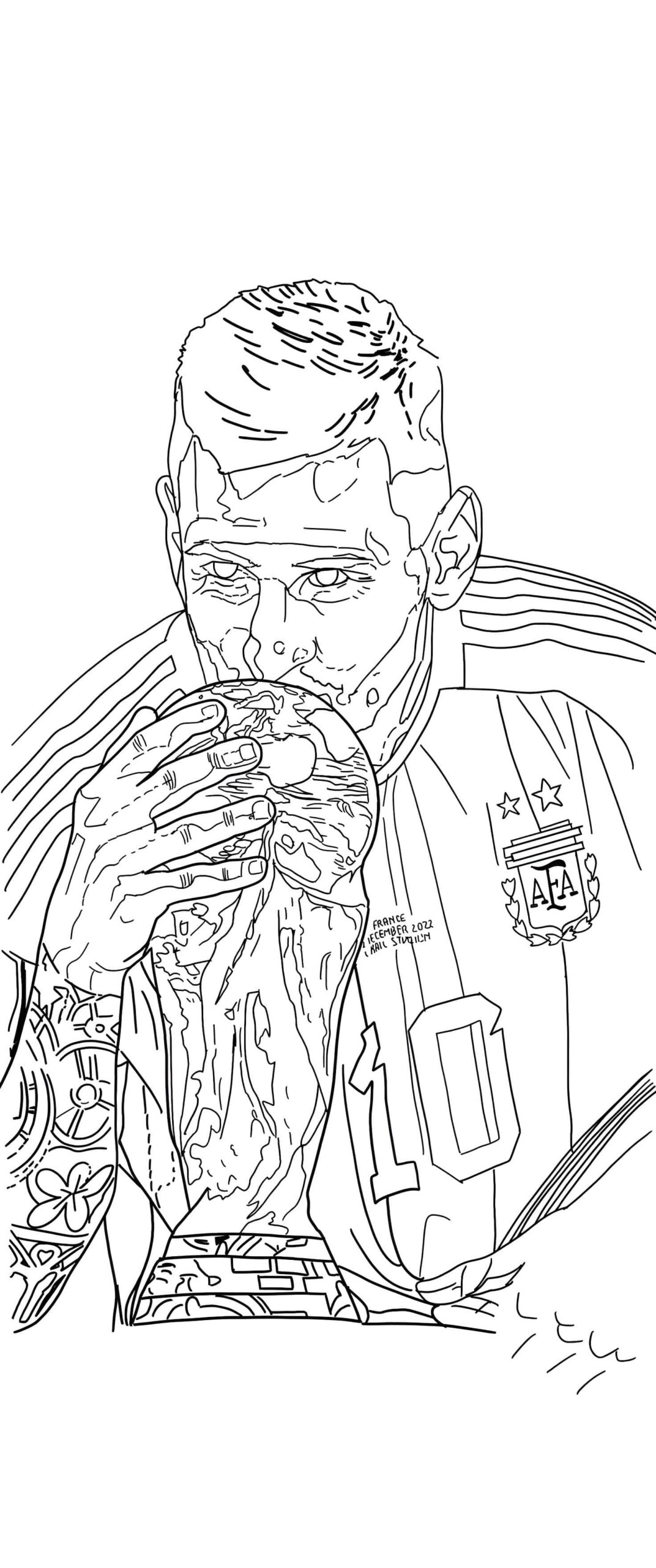 Dibujo De Lionel Messi Con El Trofeo Del Mundial Para Colorear