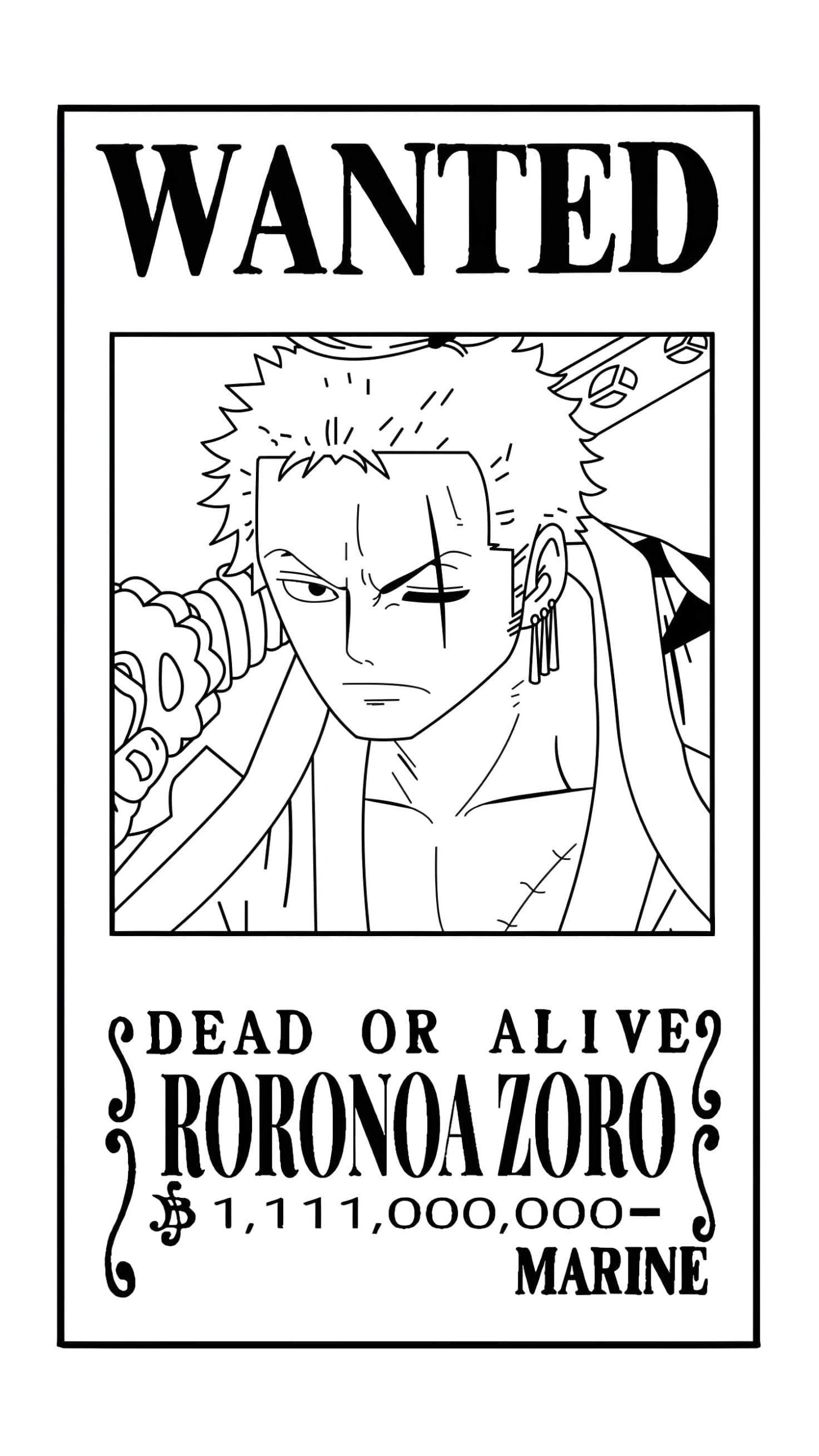 Dibujo Del Cartel De Búsqueda De Zoro De One Piece Para Imprimir Y Colorear
