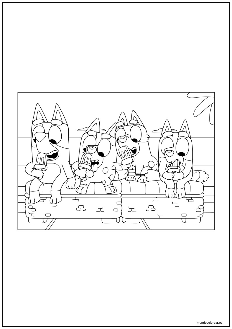 Dibujo De Bluey Y Amigos Comiendo Helado Para Imprimir
