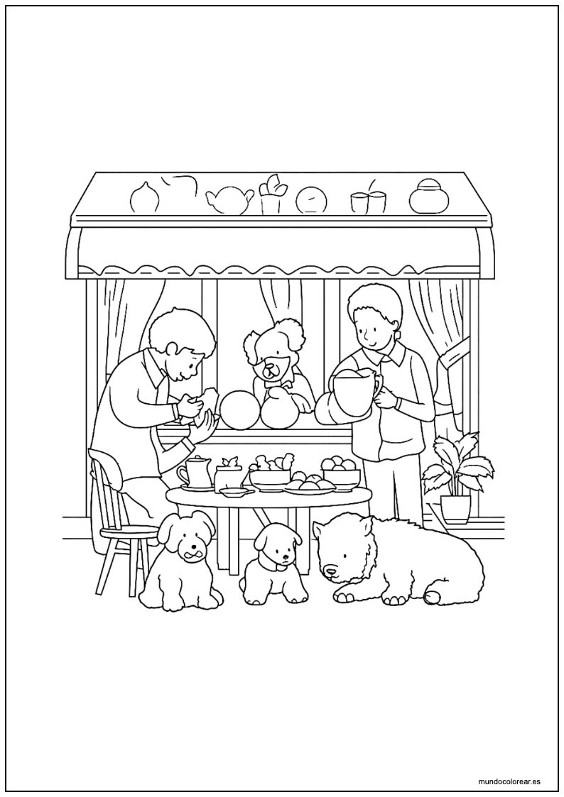Dibujo De Cozy Friends Familia Con Perritos Para Colorear