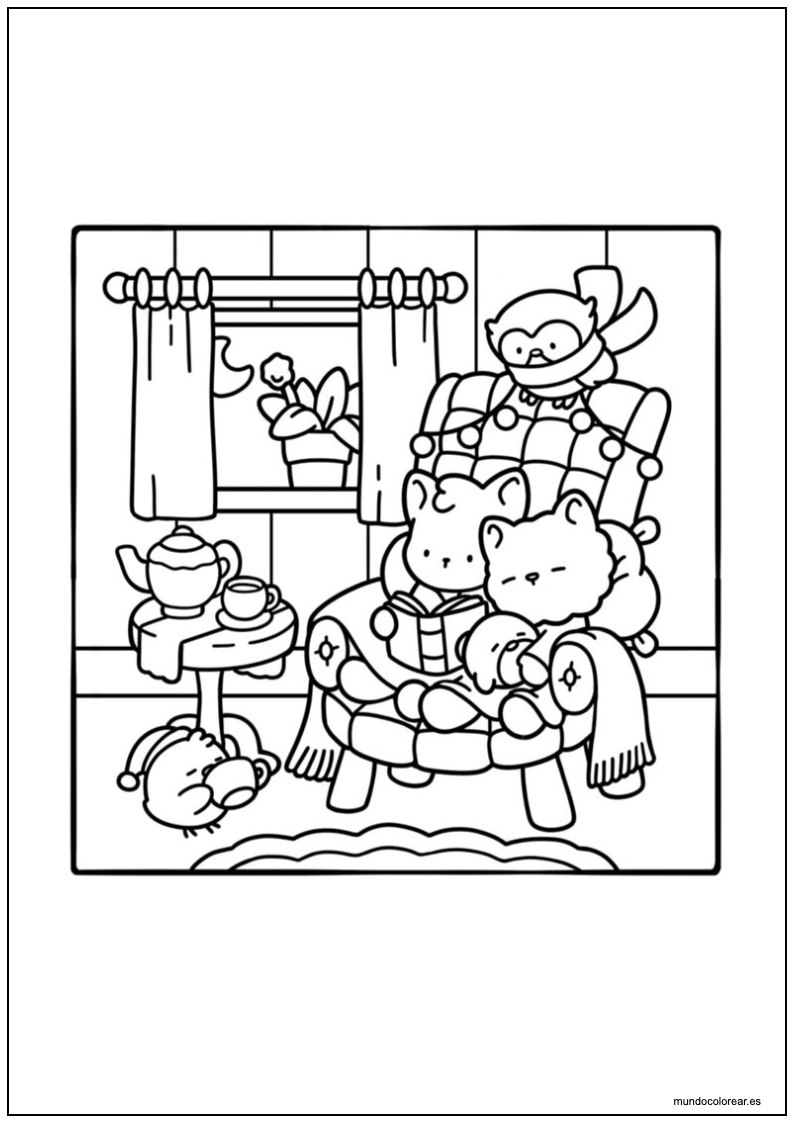 Dibujo De Cozy Friends Leyendo Para Colorear