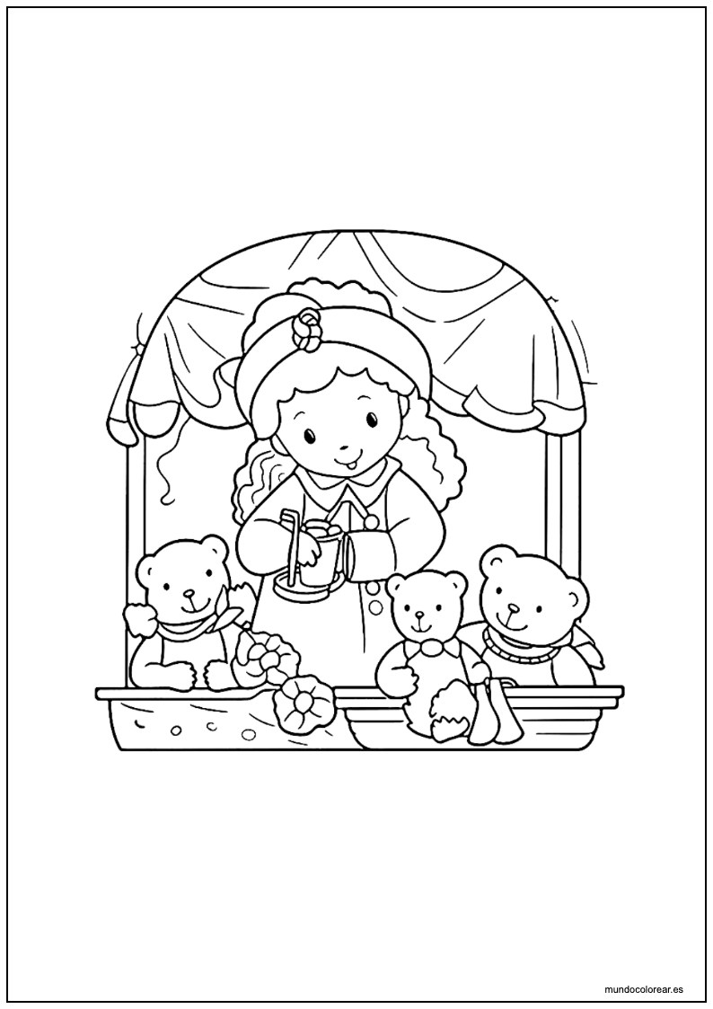 Dibujo De Cozy Friends Niña Y Ositos En El Puesto Para Colorear
