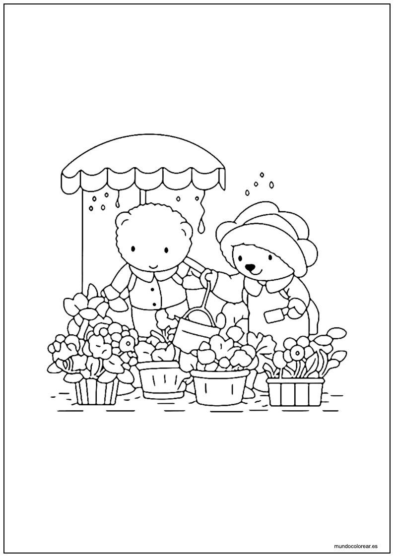 Dibujo De Los Ositos Cariñositos Cuidando Flores Para Imprimir